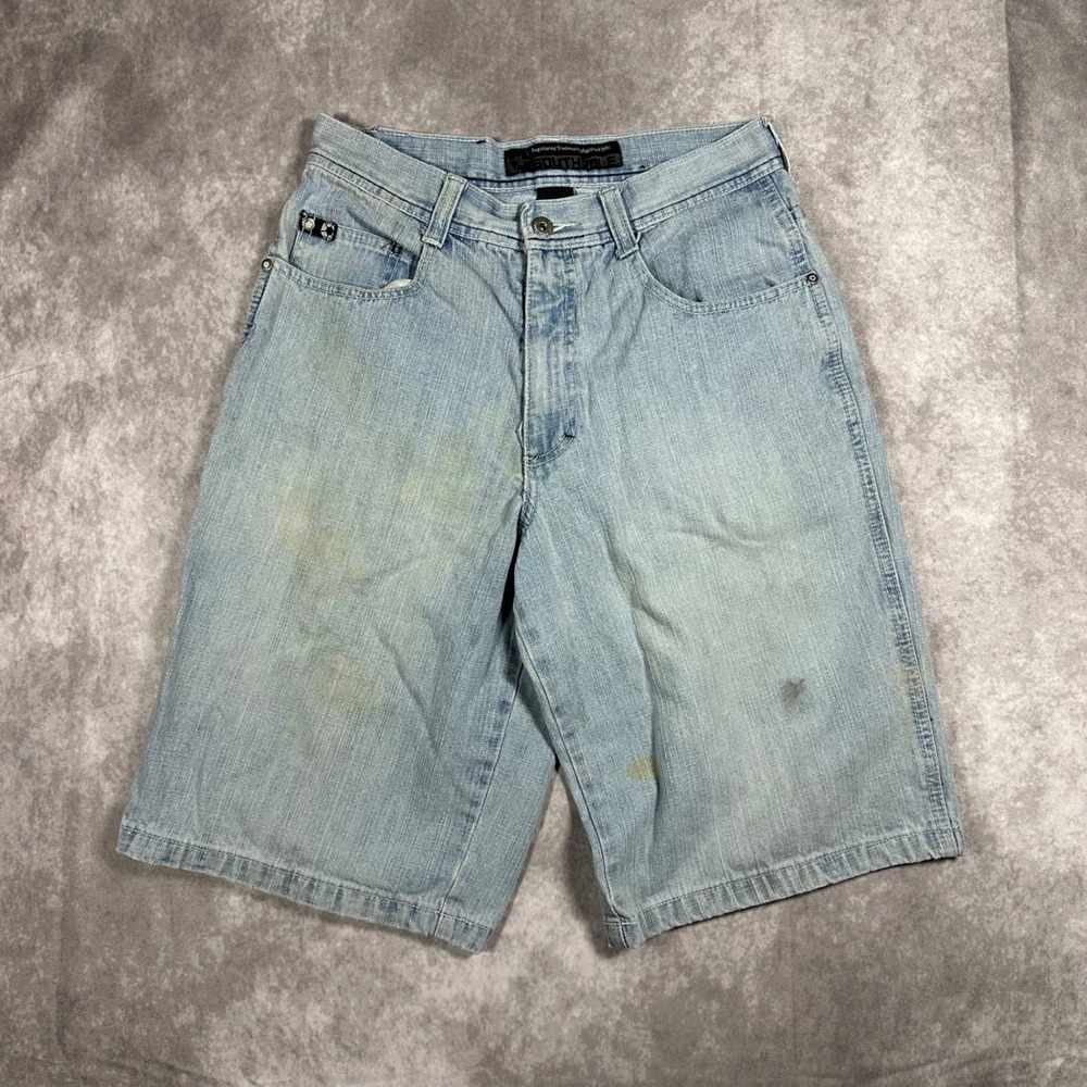 Southpole Mens Baggy Denim Shorts Distressed Blue Y2K Skater Carpenter Jorts 30